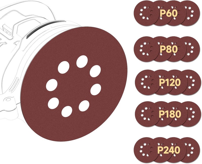 Labfintom 20PCS 5 Inch Sanding Discs, 8 Hole Hook and Loop Sandpaper 60 80 120 180 240 Grit Set, Round Orbital Sand Paper Discs for Sander(Orbit Sanders not Included) - Image 1